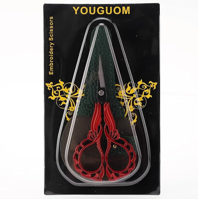 Small Embroidery Scissors Sewing Crafting Scissor Sharp Tip Shears for Needlework Threading Craft Artwork DIY Tools, 4.3in Vintage Red Scissors W/Sheath