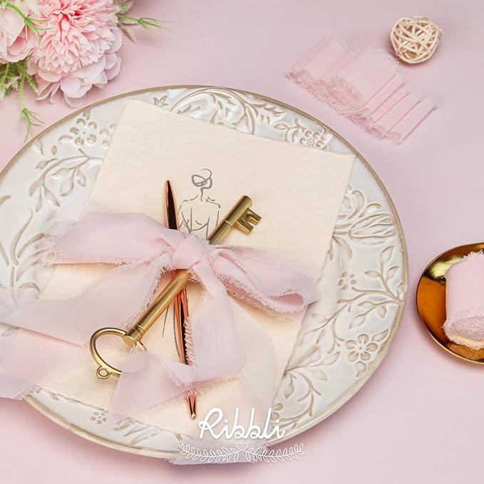 Ribbli Pale Blush Pink Chiffon Ribbon 1-1/2 inch x 20 Yard Handmade Fringe Chiffon Silk Ribbon, Pale Blush Ribbon for Wrapping, Wedding Invitations, Bridal Bouquets, Home Decor