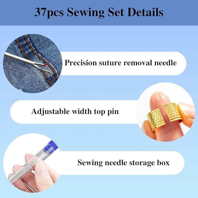 Big Eye Steel Sewing Needles Kit,37PCS Sewing Tool Set-Steel Needles,Thread Ripper,Thimble,Threaders and 6 Color Threads,Portable Hand Sewing Kit,for Beginners,Craft DIY Lovers,Daily Use (37 PCS Set)