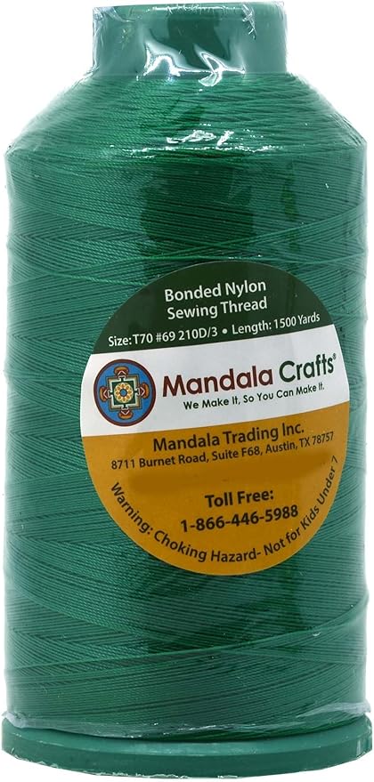 Mandala Crafts Bonded Nylon Thread Green Heavy Duty Sewing Threads - 1500 YDs Size 69 210D T70 Tex 70 Thread for Leather Jeans Weaving Outdoor Marine Upholstery Threads