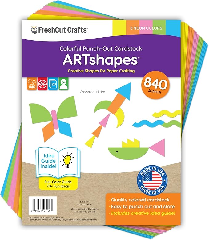 ARTshapes 840 pc Creative Paper Shapes Pack with 70+ Idea Guide - US Made Card Stock - Punch Out Funky DIY Craft Supplies for Whimsical Art Designs, Paper Crafts, and Pattern Play 5 Neon Colors