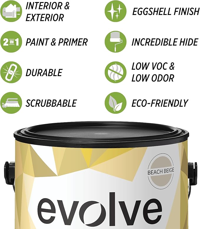 EVOLVE Paint & Primer: Environment-friendly, Low Sheen with One-coat Coverage for Interior & Exterior surfaces (Beach Beige, 1-Gallon)