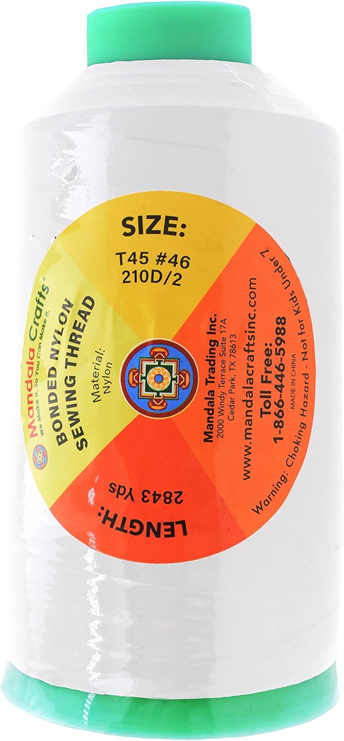 Mandala Crafts Bonded Nylon Thread White Heavy Duty Sewing Threads - 2843 YDs Size 46 210D T45 Tex 45 Thread for Leather Jeans Weaving Outdoor Marine Upholstery Threads