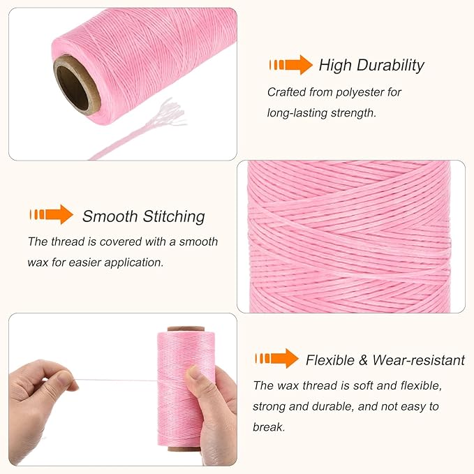 MECCANIXITY Waxed Thread,284 Yard 0.8mm 150D Flat Wax Thread Polyester Waxed String for Leather Sewing Hand Weaving Book Binding Home Decoration,Pink