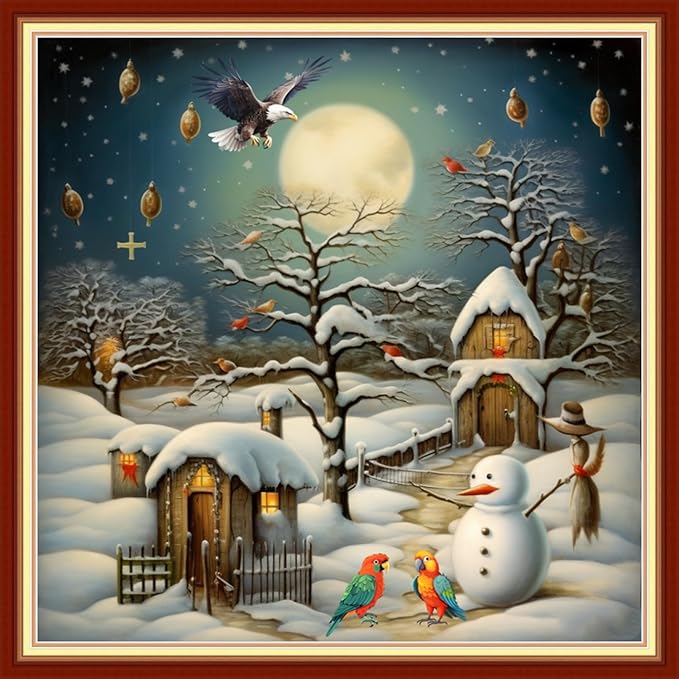 Foxdiviy Stamped Cross Stitch Kits Full Range of Embroidery Needlework Starter Kits for Beginners Adults 11CT Embroidery Patterns Art Crafts DIY Needlepoint Kits-Snowscape 18x18 inch