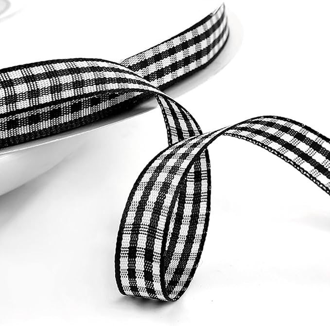 Classic Gingham Checkered Ribbon, Assorted Colors Premium Polyster Plaid Checkered Craft Ribbon for Gift Wrapping, DIY Projects, Hair Bows,Scrapbooking & Party Decor (Black, 3/8x50Yd)