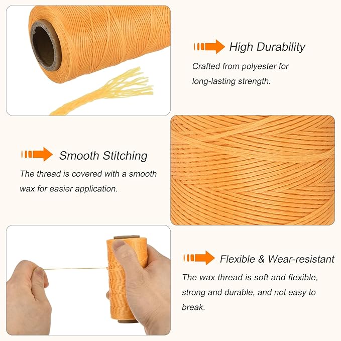 MECCANIXITY Waxed Thread,284 Yard 0.8mm 150D Flat Wax Thread Polyester Waxed String for Leather Sewing Hand Weaving Book Binding Home Decoration, Yellow-Brown