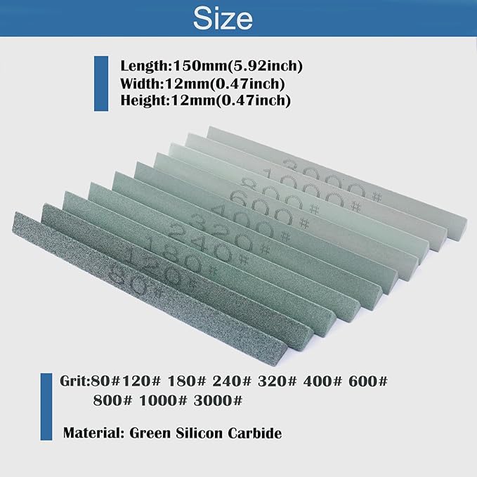10pcs Triangular Sharpening Stone Sticks Set, 5.92inch Green Silicon Carbide Oil Stones, Grit Sizes 80#-3000# for Models, Metal, & Knife Cutting Tools