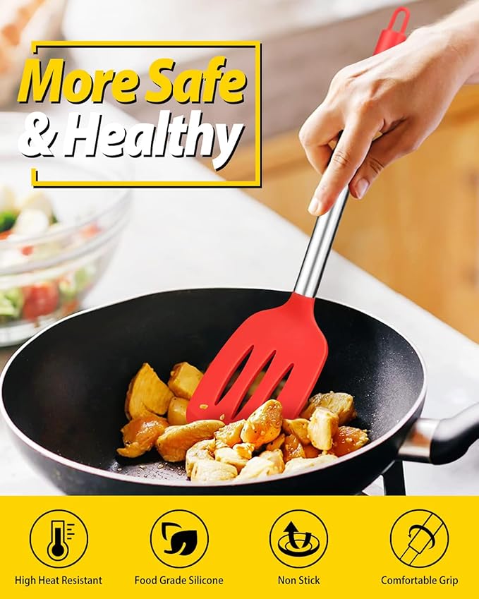 Pack of 4 Silicone Cooking Utensils Set, Non Stick Large Solid Spatulas, Heat Resistant Slotted Spoons, Ideal BPA Free Kitchen Turners for Frying, Mixing,Serving,Draining,Turning,Stirring (RED)