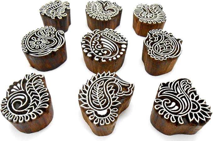 Crafts of India Stylish Paisley Wooden Blocks for Stamping, Block Printing on Textiles, Pottery Crafts,Henna, Scrapbooking, Wall Painting (Set of 9)