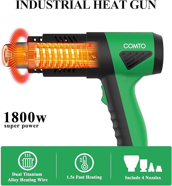 1800W Heat Gun with LCD Digital Display, Variable Temperature Control 122℉-1202℉（50℃- 650℃）with 4 Nozzles for Crafts, Vinyl Wrap, Shrink Tubing (SG-1004E)