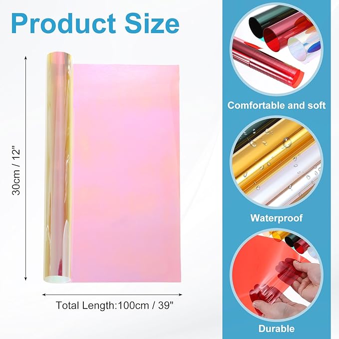 MECCANIXITY Iridescent Window Film,12" x 39" Iridescent Holographic PVC Fabric Dichroic Film Clear Vinyl Paper Roll for DIY Craft Gift Wrapping Bag Decoration,Laser Red