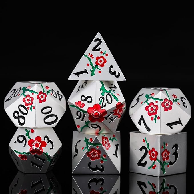 Metal Dice Set D&D, 7 PCS Flower Metal DND Polyhedral Dice Set with Box for Dungeons and Dragon Tabletop Game (Silver-red-Green)