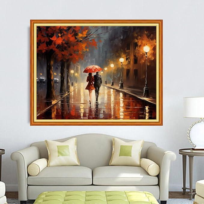 DMCVIVR Stamped Cross Stitch Kits for Adults Beginners Embroidery Kits 11CT Needlepoint Kits Cross Stitch Patterns Embroidery Patterns-Lovers Rainy Night Strol 16x20 inch