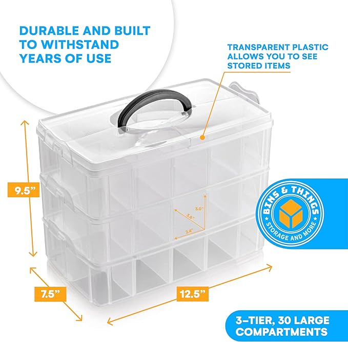 Bins & Things 3-Tier Stackable Storage Container - 30 Adjustable Slots Thread and Bead Organizer - Craft Box for Spools, Bobbins, Jewelry, Sewing, Art Supplies - Large, Clear