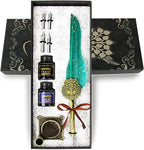 Feather Pen and Ink Set,quill pen ink set,Antique Calligraphy Pen with 4 Replaceable Nibs,2 Bottle of ink,Pen Holder Christmas Gift for Men&Women.(Green)