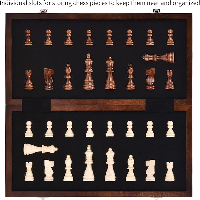 AMEROUS 15 Inches Magnetic Wooden Chess Set with 2 Extra Queens/Folding Board/Chess Pieces Storage Slots/Instructions, Portable Travel Chess Game for Beginner/Classic Board Game