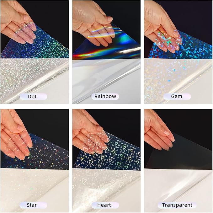 36 Sheets Holographic Laminate Sheets Transparent Holographic Sticker Paper Self Adhesive Laminating Sheets Clear Vinyl Waterproof Overlay for Sticker Pape, 8.5x11 inch 6 Patterns