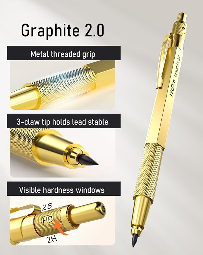 Nicpro 35PCS Gold Art Mechanical Pencils Set, 3 PCS Metal Drafting Pencil 0.5 mm & 0.7 mm & 0.9 mm & 3 PCS 2mm Lead Holder (6B 4B 2B HB 2H 4H Colors) For Sketching Drawing