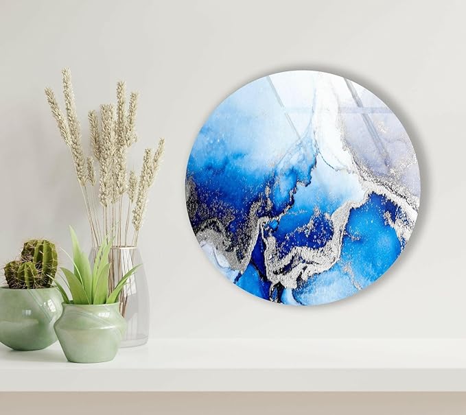 My Photostation.com 31.5''(80cm) Diameter Blue Marble Round with Silver Details Glass Wall Art Tempered Glass Printing Wall Decor Large Wall Art Wall Hangings