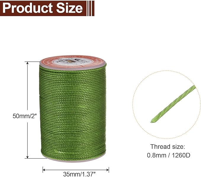 uxcell Round Leather Sewing Waxed Thread, 55m / 60 Yards Wax Polyester String, 0.8mm Waxed Stitching Cord for Leather Crafts, Bookbinding, Bracelets Braided, Grass Green