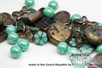 45+ pcs (2.1oz=60g) of Focal Glass Bead Mix with Table-Cut Flower and Butterfly Beads, PG Turqouise Brown Brass