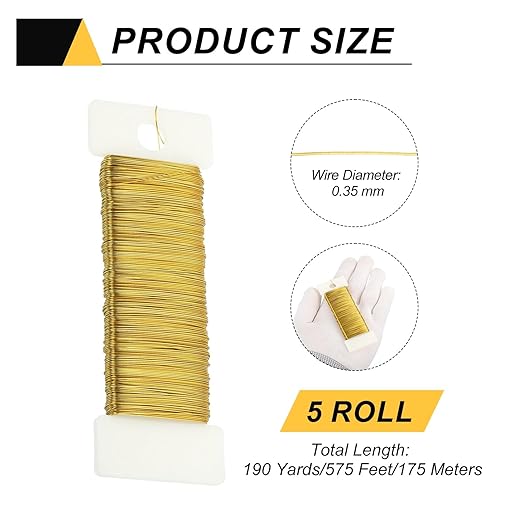 MECCANIXITY 190 Yards/575 Feet 27 Gauge Metal Floral Wire Gold Tone Flexible Paddle Thin Floral Wires for Craft, Christmas Wreath, Flower Arrangement, Wedding, Total 5 Roll