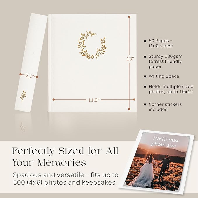 Premium Scrapbook Album – Photo Album with Writing Space – 100 Pages for Multiple Sizes 4x6, 5x7, 6x8, 8x10 – Holds 500 Photos – Wedding, Baby, Travel & Family Memories