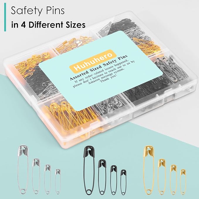 630 Pack Safety Pins Assorted, 5 Different Sizes Small and Large Safety Pin for Clothes Pins Sewing, Nickel Plated Steel, Arts and Crafts Supplies (3 Colors)