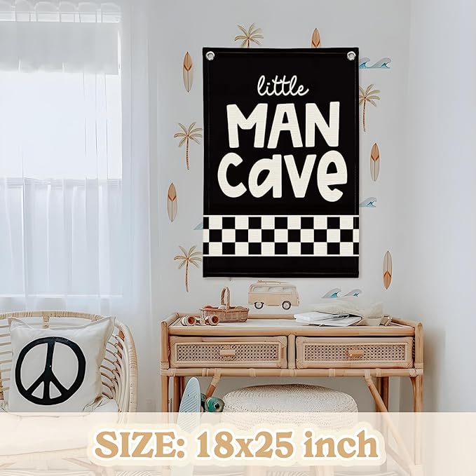 Boy Room Decor,Little Man Cave Sign for boys,Little Man Cave Linen Canvas Banner,Kids Room Wall Hanging Flag Banner, Adventure Nursery Sign for Baby and Kids, Playroom Wall Hanging Flag 18x25 Inch