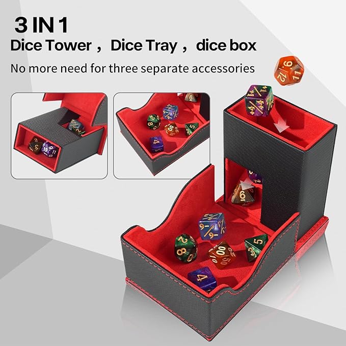 Dice Roller Tower, Premium DND Magnetic Dice Tray, Foldable PU Leather Dice Tower RPG Gifts for Dungeons and Dragons MTG Dm & Player Black/Red