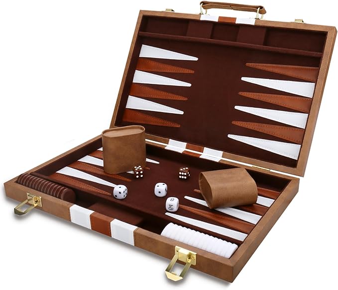 Backgammon Set - Classic Board Game with Premium Leather Case - Portable Travel Strategy Backgammon Game Set for Adults, Kids (15inch, Khaki)