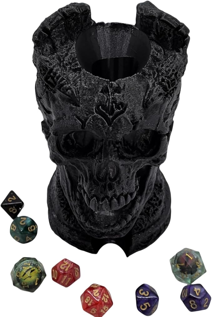 Dark Skull Dice Tower Dungeons and Dragons RPG abletop Roleplaying Game Jail D&D (Random 7PCS D20 Dice Set Included) Black