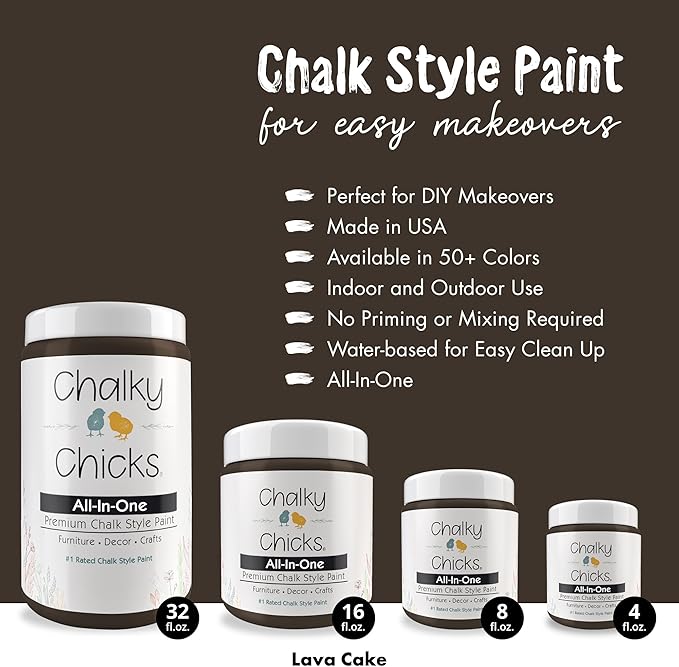Chalky Chicks All-in-One Chalk Paint for Furniture or Cabinet - 4 Fl Oz - Matte Finish Lava Cake (Dark Brown) for Metal, Wood Furniture Paint - No Sanding All-in-One for Home Decor & Crafts, USA Made