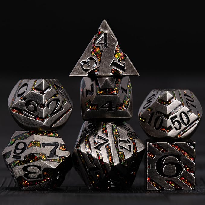 Anitque Metal Dice D&D,Metal Glitter Stripe Dice 7pcs Set with Gift Case,Polyhedral Dice for Role Playing Game (Antique Nickel Red)