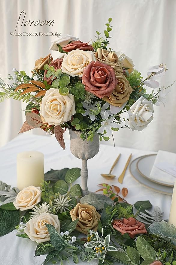 Floroom Artificial Flowers 25pcs Real Looking Burnt Orange Ombre Colors Foam Fake Roses with Stems for DIY Wedding Bouquets Bridal Shower Centerpieces Floral Arrangements Party Tables Home Decorations