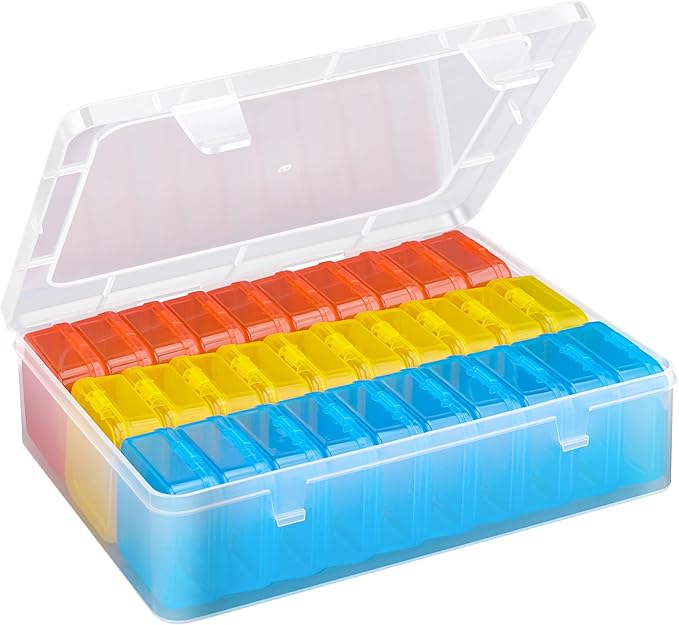 Mathtoxyz Bead Organizer Box(Red,Yellow,Blue), 31Pcs Small Bead Organizers and Storage Plastic Cases Mini Clear Containers Boxes with Hinged Lid and Rectangle for Bracelet Making DIY Jewelry Craft
