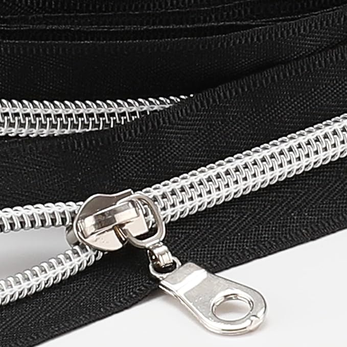 Sawoake 10 Yards Bulk #5 Nylon Coil Zipper With Silver Teeth, Black - Replacement for DIY Sewing Craft Bags With 10 Sliders (#5 Silver Black)