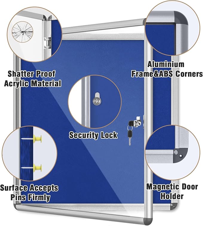 28"x26" Enclosed Bulletin Board, Lockable Weather-Resistant Aluminum Cork Noticeboard for School & Office, Silver Frame w/Blue Flet