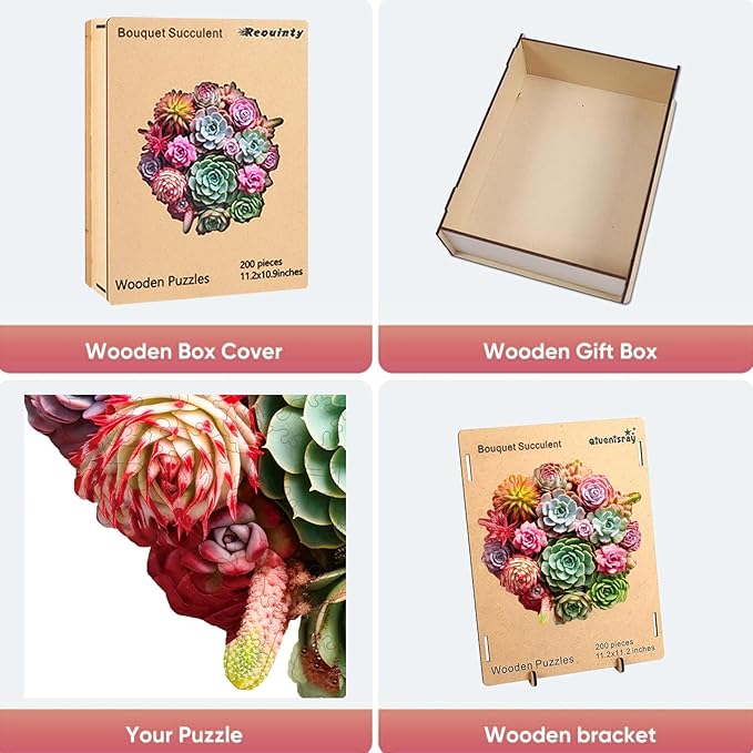 Wooden Puzzles for Adults, Colorful Succulent Puzzle for Mom, Challenging Puzzle, 200 Piece Luxurious Shaped Wooden Puzzles for Family Game 11.3 * 10.5in