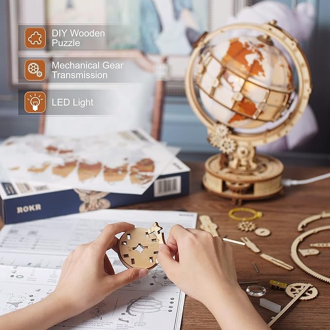 ROKR 3D Wooden Puzzles for Adults Illuminated Globe with Stand 180pcs 3D Puzzles Built-in LED Model Kit Hobby Gifts for Adults Home Decor