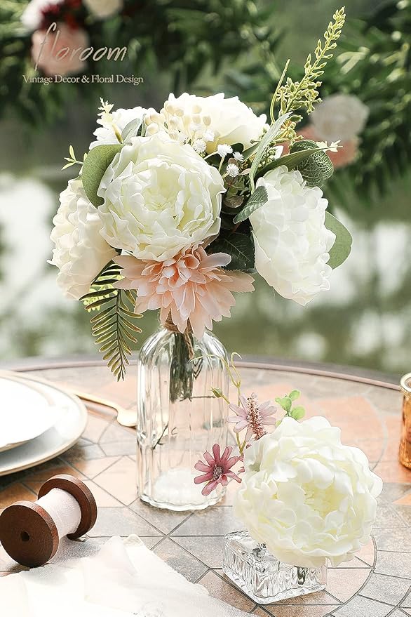 Floroom Artificial Flowers 16pcs 4" Ivory Blooming Peonies Real Looking Foam Fake Peony with Stems for DIY Wedding Bouquets Bridal Shower Centerpieces Floral Arrangements Party Tables Home Decorations