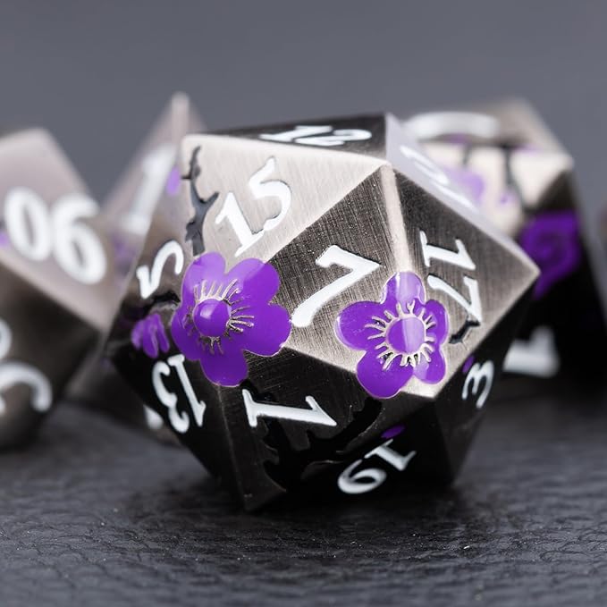 Black Metal DND Dice Set with Gift Case for Dungeons and Dragon, 7 PCS Solid Metal Dice for Tabletop Game(Antique Nickel-Purple)