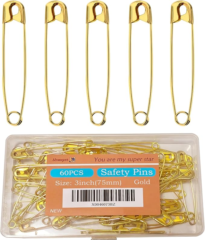 60PCS Safety Pins, 3 inch Large Safety Pins, Rust-Resistant Nickel Plated Steel, Sharp Edge Safety Pin for Clothes, Sewing, Arts & Craft, 75mm Decorative SafetyPins (Gold)