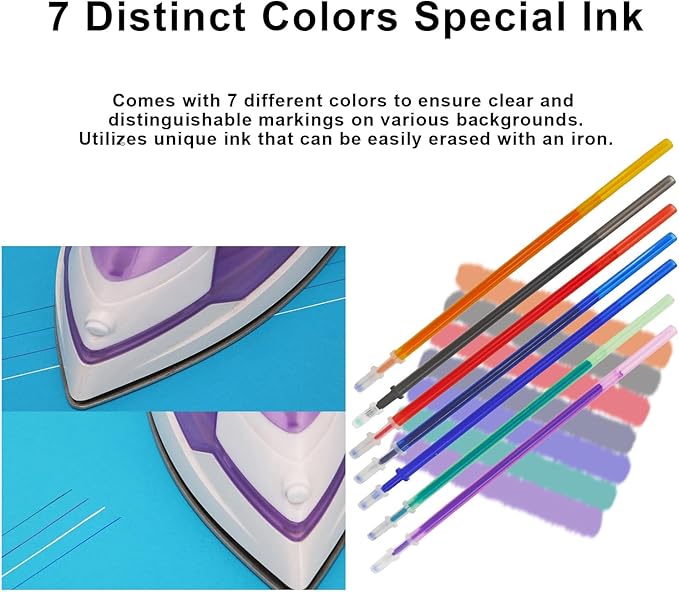 7-Color Heat Erasable Fabric Markers with 21 Refills, Extra-Fine 0.5mm Tip for Sewing, Quilting, Embroidery, Crafts & DIY Projects