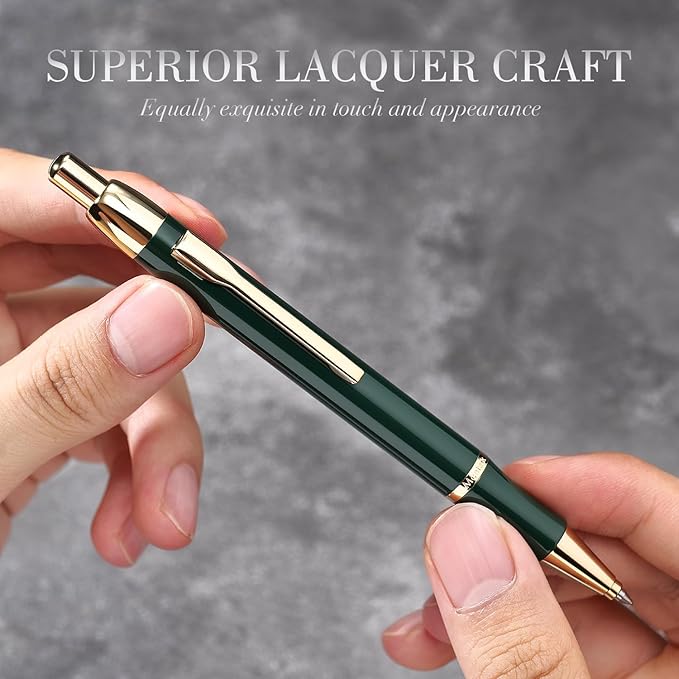 Green lacquer Gel Pen With 24K Gold Finish, Retractable, Gift Pen Set, Black Ink Refill, Professional, Elegant, Writing, Executive, Nice Fancy Designer Pens, Perfect for Men and Women