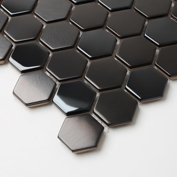 Blujellyfish Hexagon Black Tile Backsplash Metal Mosaic Wall Floor Tiles (Box of 5 Sheets)