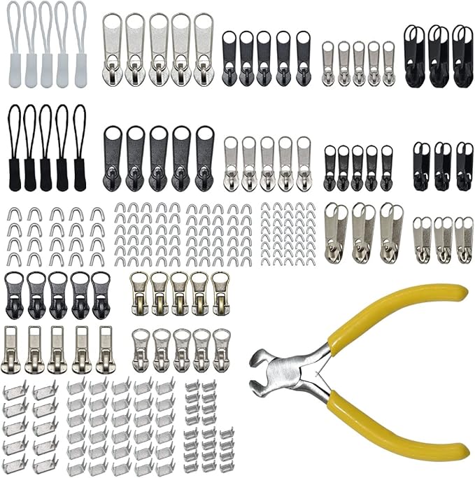 253Pcs Zipper Repair Kit Replacement with Installation Pliers Tool and Zipper Extension Pulls for Sleeping Bags Jacket Tent Luggage Backpacks Boots