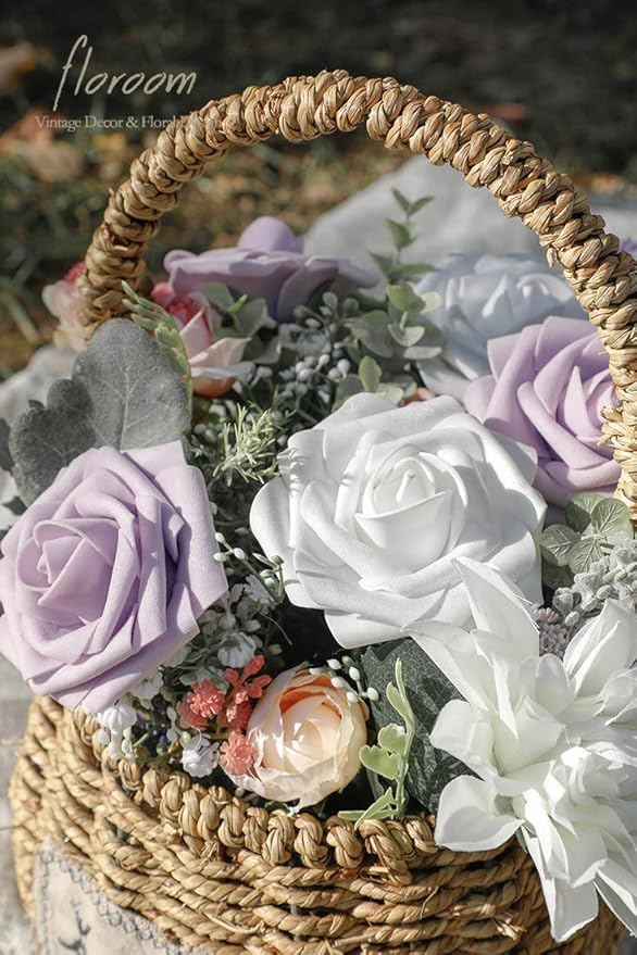 Floroom Artificial Flowers 25pcs Real Looking Lilac Foam Fake Roses with Stems for DIY Wedding Bouquets Bridal Shower Centerpieces Floral Arrangements Party Tables Home Decorations