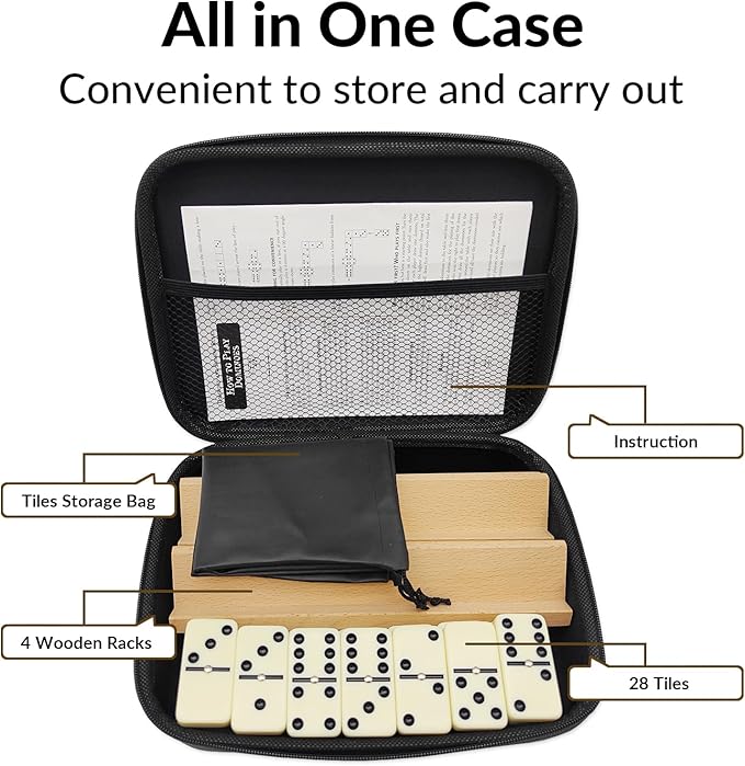 Dominos Set for Adults with 4 Wooden Racks, Double 6 Dominoes Game Set with 28 Colored Domino Tiles Double Six Dominos Set with Travel Case - Classic Board Games